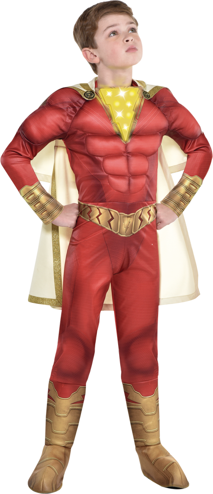 Kids' Shazam Red Light-Up Padded Jumpsuit with Cape Halloween Costume, Assorted Sizes